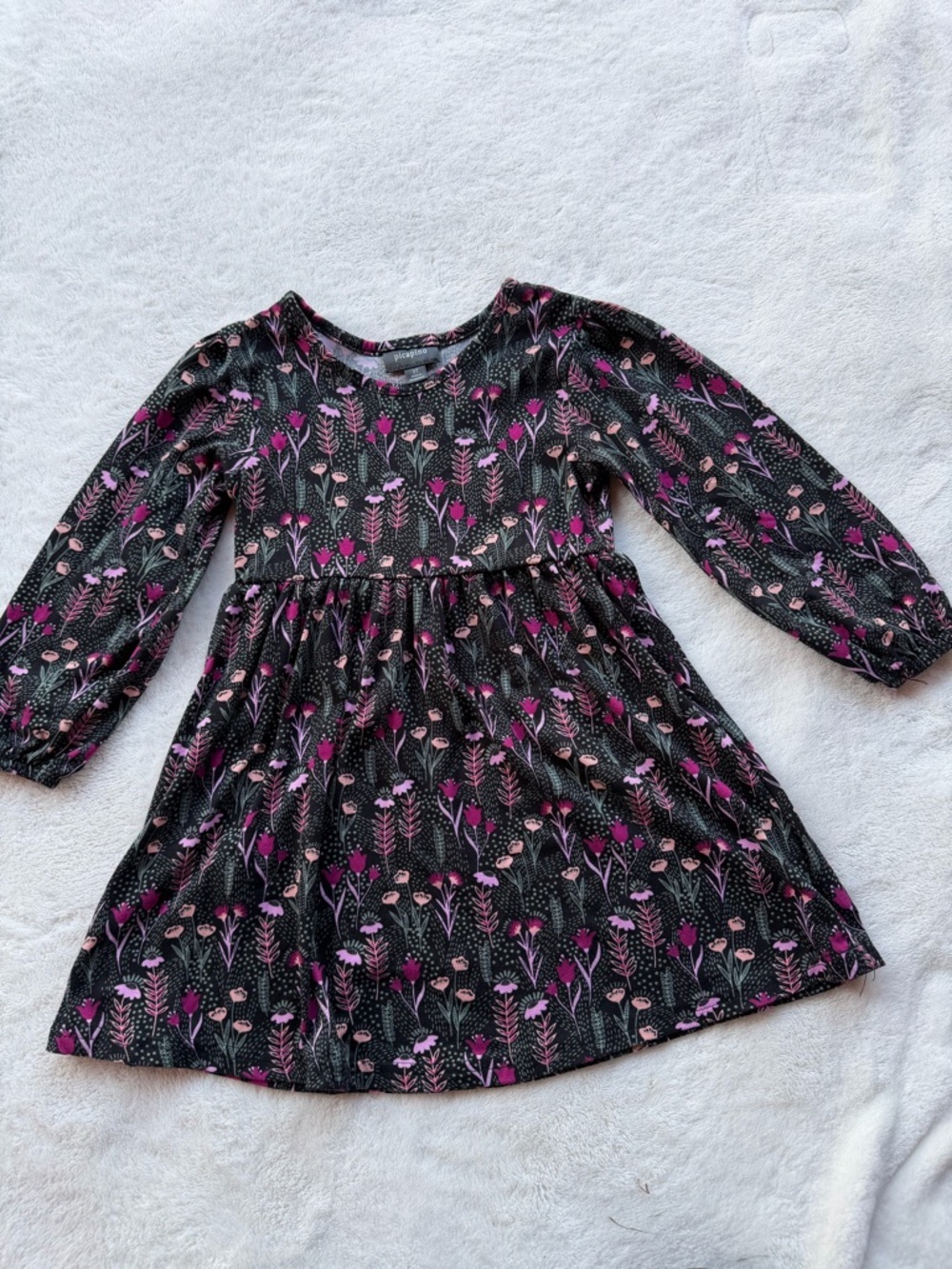 Girls' Black Floral Long-Sleeve Casual Dress with Pink Accents Size 3T